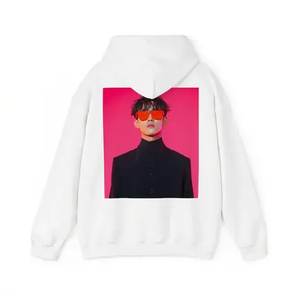 Young Man Red Sunglasses Black Coat Pink Background