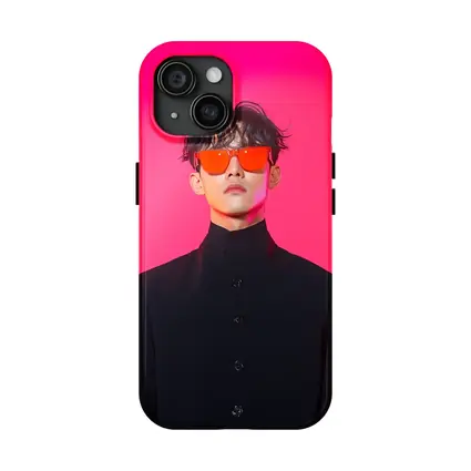 Young Man Red Sunglasses Black Coat Pink Background