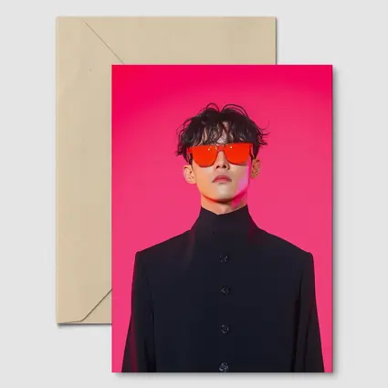 Young Man Red Sunglasses Black Coat Pink Background