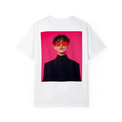 Young Man Red Sunglasses Black Coat Pink Background