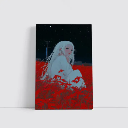 Anime Girl Sitting In Red Flower Field