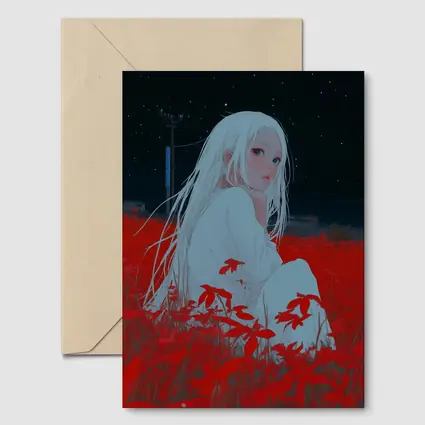Anime Girl Sitting In Red Flower Field