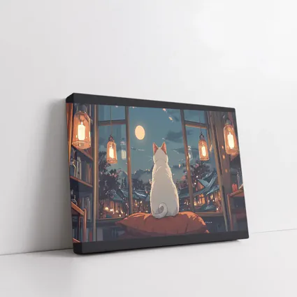 White Cat Watching Moon Anime Night Scene
