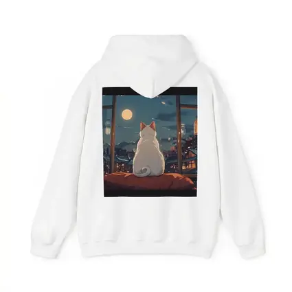 White Cat Watching Moon Anime Night Scene