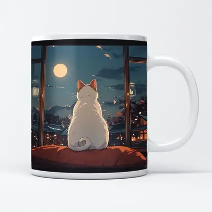 White Cat Watching Moon Anime Night Scene