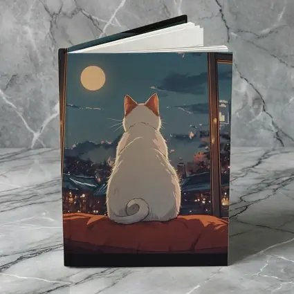 White Cat Watching Moon Anime Night Scene