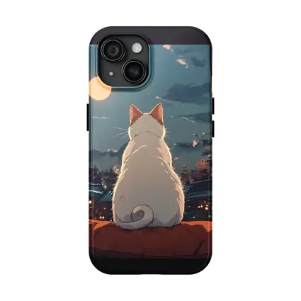 White Cat Watching Moon Anime Night Scene