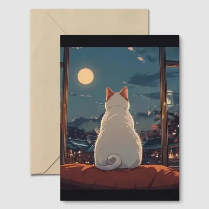 White Cat Watching Moon Anime Night Scene