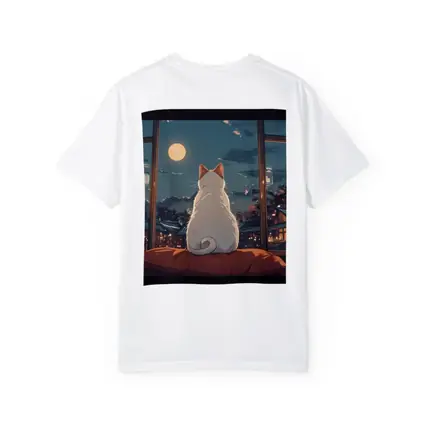 White Cat Watching Moon Anime Night Scene