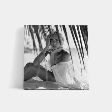 Blonde Woman Sitting Beach Palm Trees