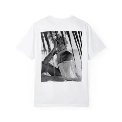 Blonde Woman Sitting Beach Palm Trees