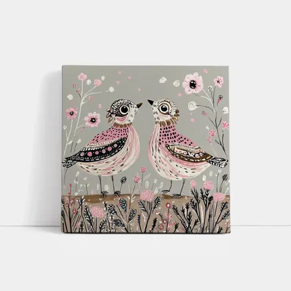 Two Folk Art Birds Pink Floral Garden