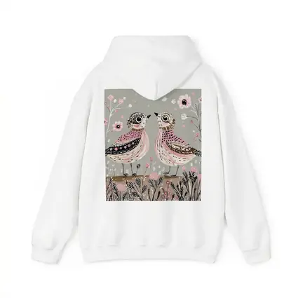 Two Folk Art Birds Pink Floral Garden