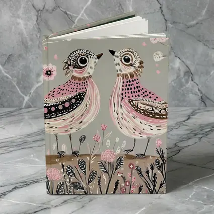 Two Folk Art Birds Pink Floral Garden