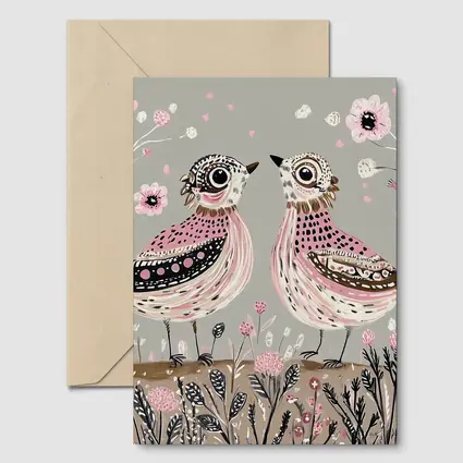 Two Folk Art Birds Pink Floral Garden