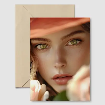 Green Eyes Woman Peach Hat Rose Portrait