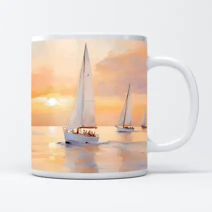 Sailboats On Calm Sea At Golden Sunset