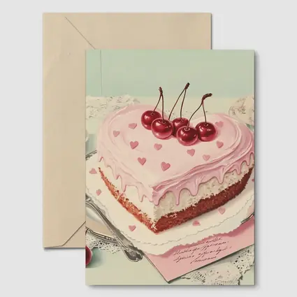 Heart Shaped Cherry Cake Vintage Illustration