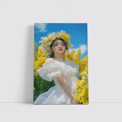 Young Woman White Dress Yellow Flower Field