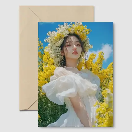 Young Woman White Dress Yellow Flower Field