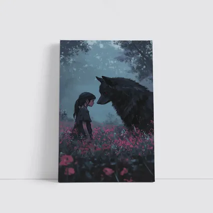Girl and Black Wolf in Misty Flower Field