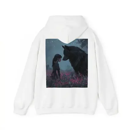 Girl and Black Wolf in Misty Flower Field