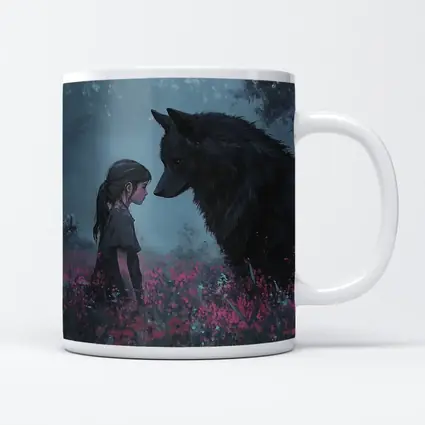 Girl and Black Wolf in Misty Flower Field
