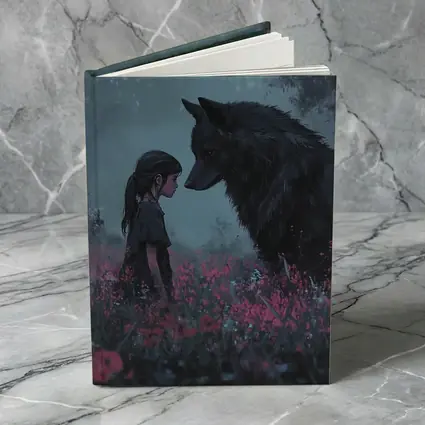 Girl and Black Wolf in Misty Flower Field