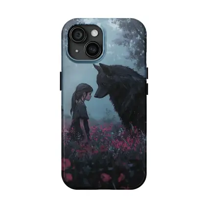 Girl and Black Wolf in Misty Flower Field