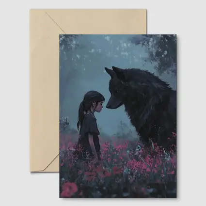 Girl and Black Wolf in Misty Flower Field