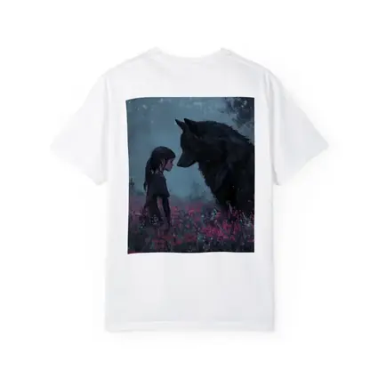 Girl and Black Wolf in Misty Flower Field