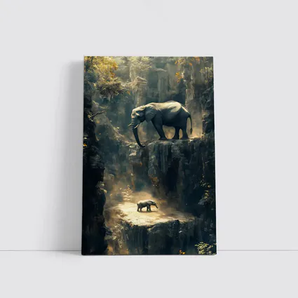 Elephants on Rocky Canyon Cliff Surreal