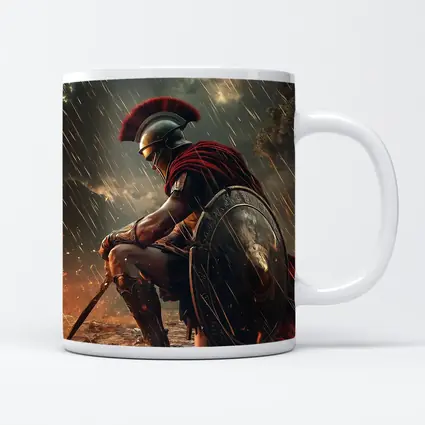 Spartan Warrior Kneeling Under Blood Moon