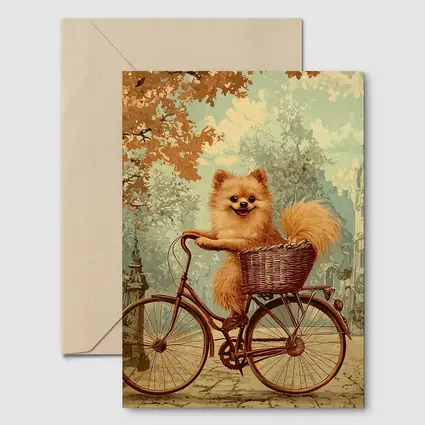 Pomeranian Dog Riding Bicycle Vintage Street