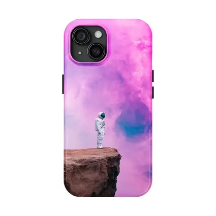 Astronaut Standing on Cliff Pink Galaxy