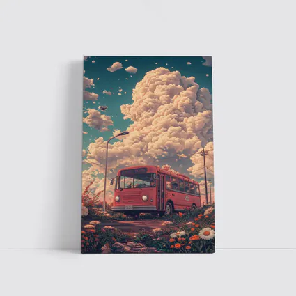 Red Bus Anime Art Dreamy Floral Sky