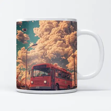 Red Bus Anime Art Dreamy Floral Sky
