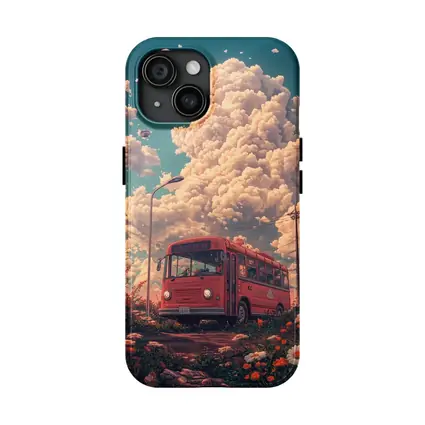 Red Bus Anime Art Dreamy Floral Sky