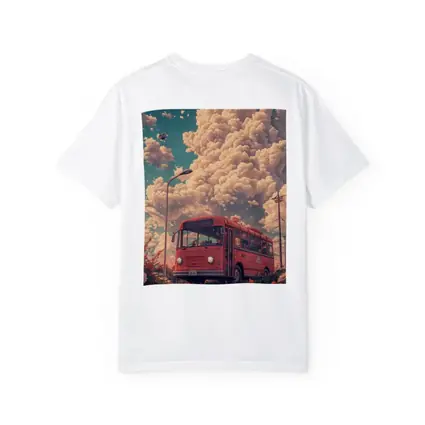 Red Bus Anime Art Dreamy Floral Sky