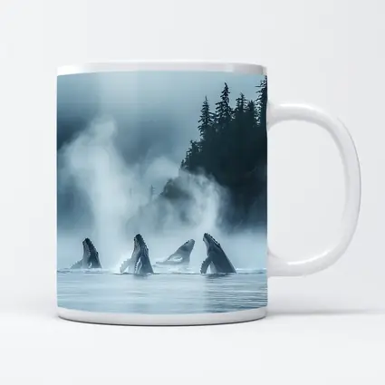 Humpback Whales Breaching Misty Coastal Waters