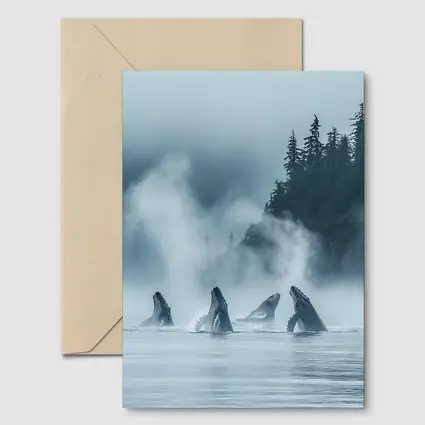 Humpback Whales Breaching Misty Coastal Waters