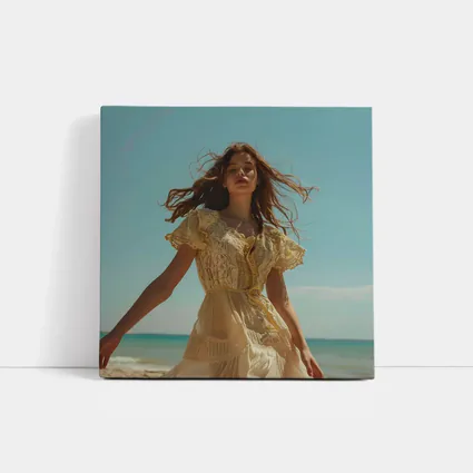 Woman Lace Dress Walking on Sunny Beach
