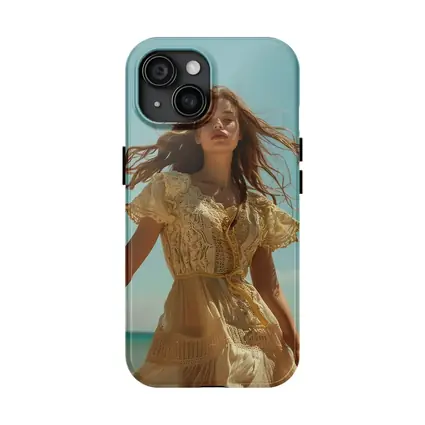 Woman Lace Dress Walking on Sunny Beach