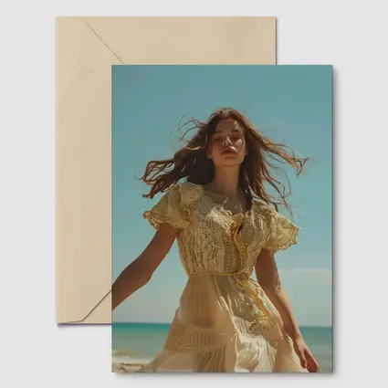 Woman Lace Dress Walking on Sunny Beach