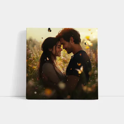 Couple Embracing In Wildflower Field Butterflies