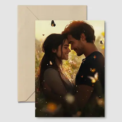 Couple Embracing In Wildflower Field Butterflies