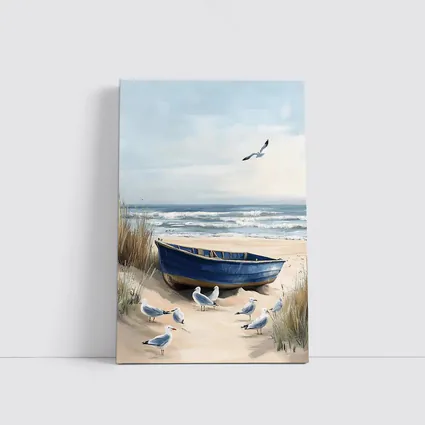 Blue Rowboat Beach Seagulls Ocean Painting