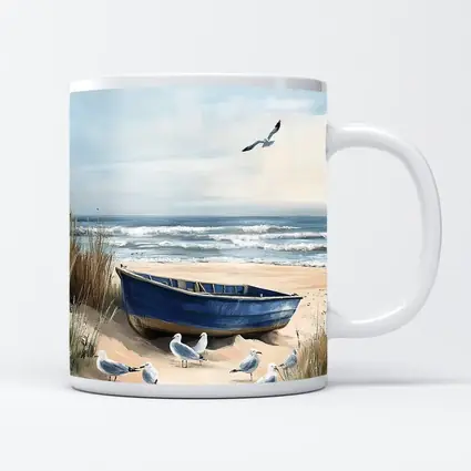 Blue Rowboat Beach Seagulls Ocean Painting