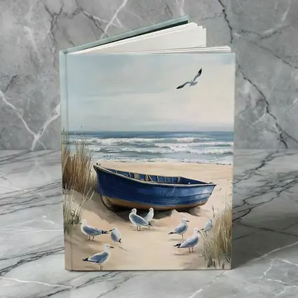 Blue Rowboat Beach Seagulls Ocean Painting