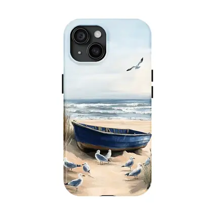 Blue Rowboat Beach Seagulls Ocean Painting